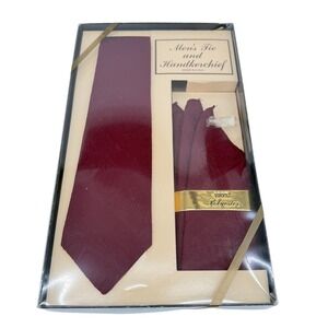 Mens Tie & Handkerchief SET NEW 100% Polyester Made in USA VTG Maroon Embossed